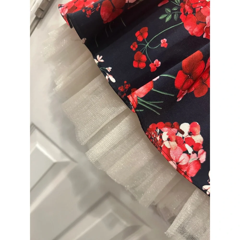 Couture Princess Party Dress Navy Red Floral Pearl Bow Tulle Hem‎ Girls Size 4